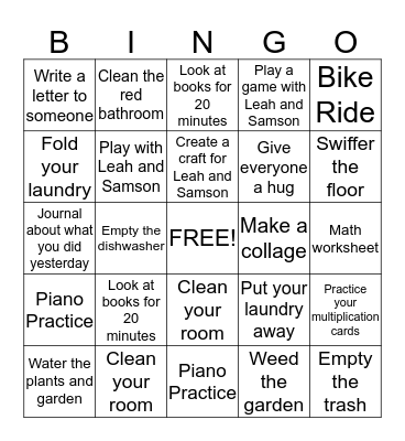 Ella's Summer Bingo Card
