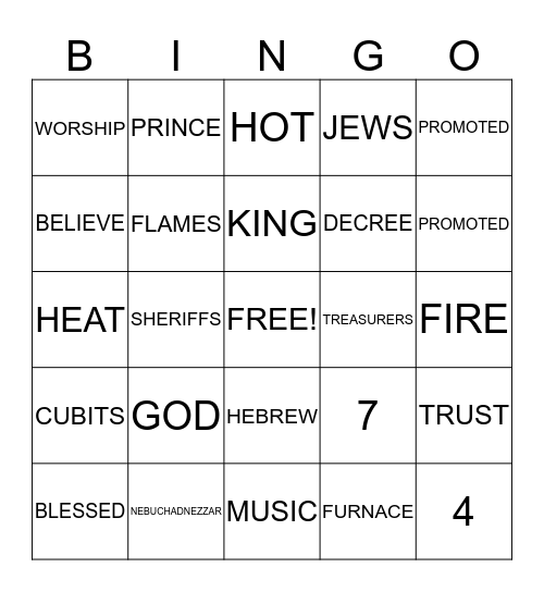 The Three Hebrew Boys and the Fiery Furnace Bingo Card