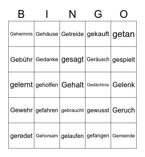Wörter mit der Vorsilbe Ge/ge Bingo Card
