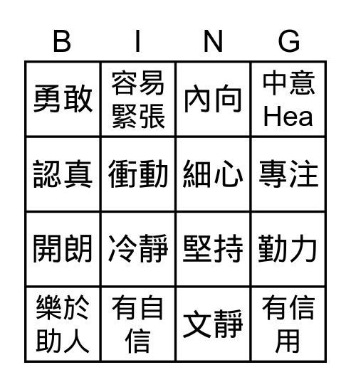 你的性格特徵 Bingo Card