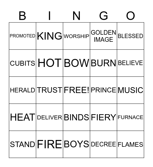 The Three Hebrew Boys and the Fiery Furnace Bingo Card