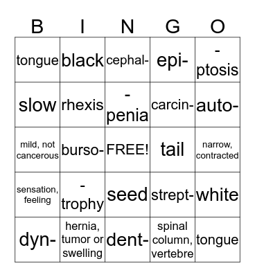 Medical Terminology Bingo Card