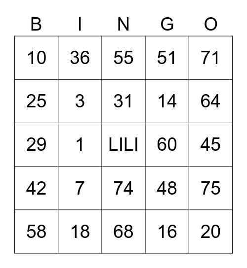 LILIENE Bingo Card