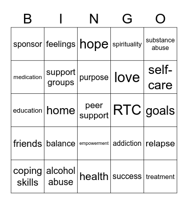 RECOVERY Bingo Card