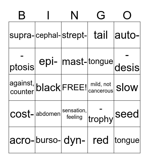 Medical Terminology Bingo Card