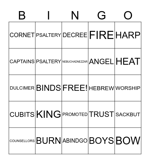 The Three Hebrew Boys and the Fiery Furnace Bingo Card