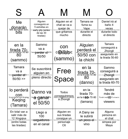 Sammo Bingo Card