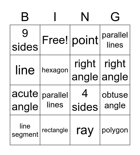 Geometry Bingo Card