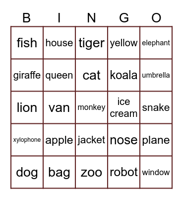 The English alphabet Bingo Card