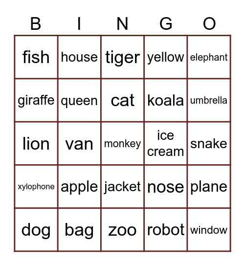 The English alphabet Bingo Card