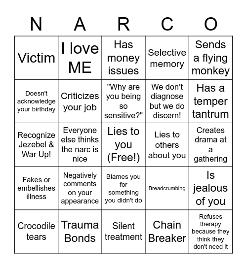 Narc Free Living Bingo Card