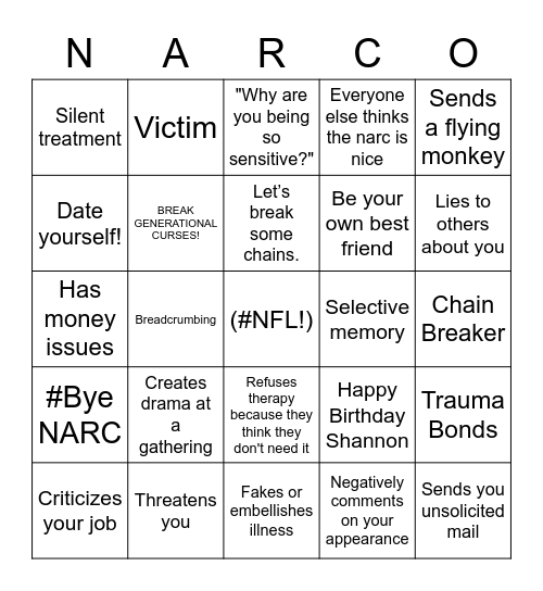 Narc Free Living Bingo Card