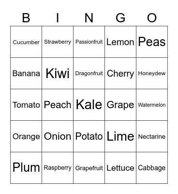 Fruits and Vegetables Bingo Card