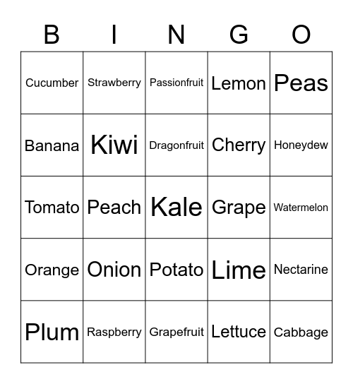Fruits and Vegetables Bingo Card