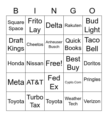 2022 Super Bowl Commercial Bingo Card
