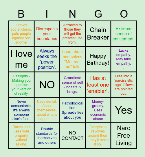 Play Narcissistic Bingo! Bingo Card