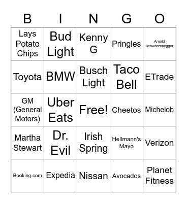 Super Bowl 2022 Commercials Bingo Card