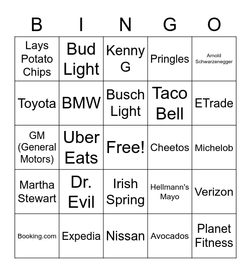 Super Bowl 2022 Commercials Bingo Card