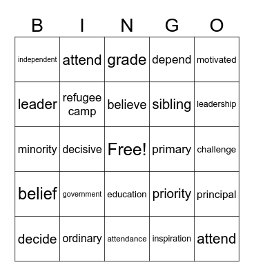 Vocabulary Unit 2 - Reading 1 Bingo Card