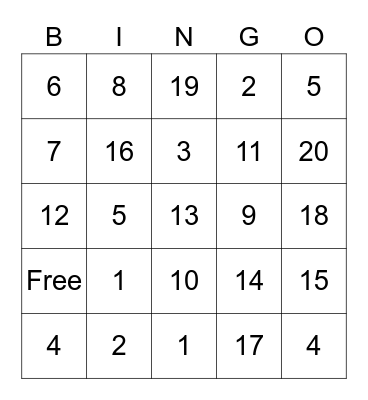 Numeros 1-20 Bingo Card