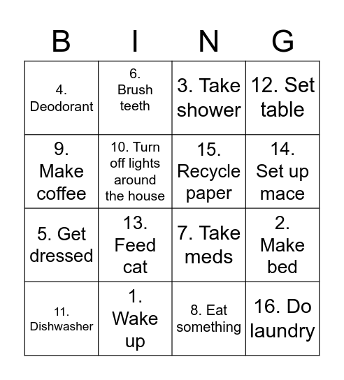 My morning list and afternoon list Bingo Card