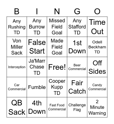 Super Bowl 56 Bingo Card