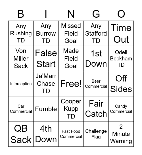 Super Bowl 56 Bingo Card