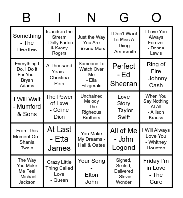 Love Songs Bingo Card