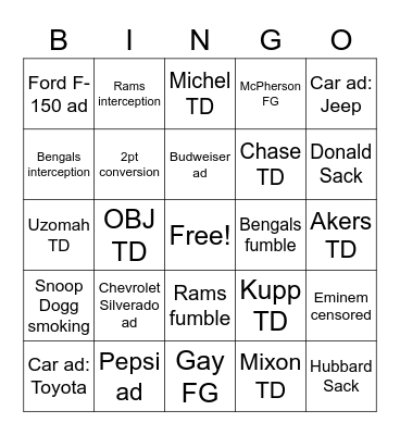 SuperBowl LVXMGHV Bingo Card