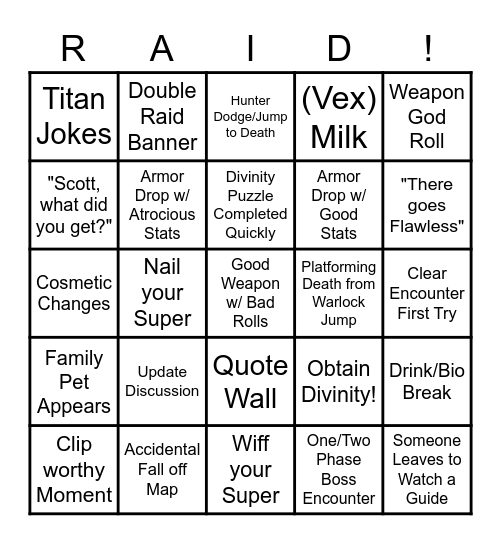 D2 Raid Bingo Card