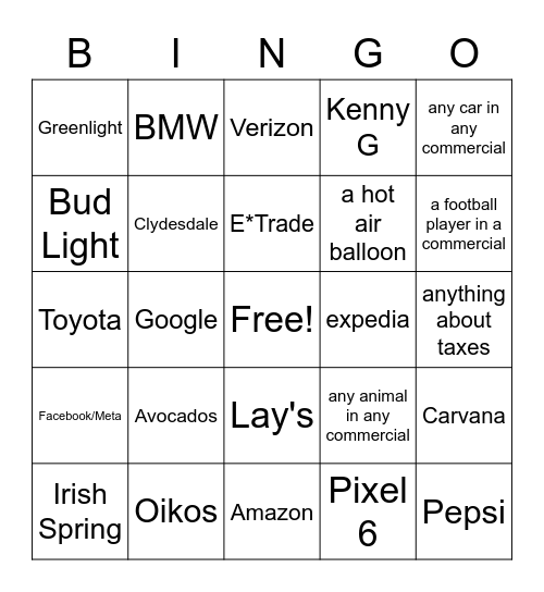 Super Bowl Commercials 2022 Bingo Card