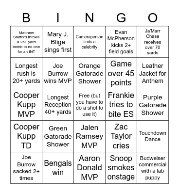 Super Bowl LVI Bingo Card