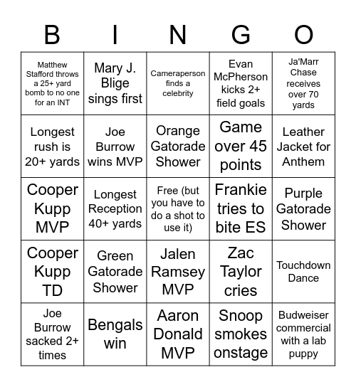 Super Bowl LVI Bingo Card