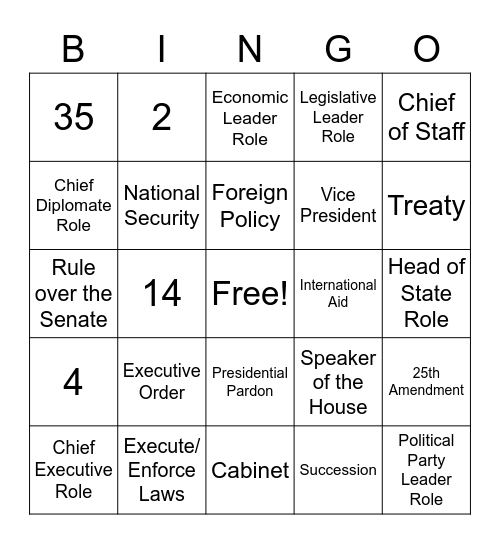 Executive Branch Bingo Card