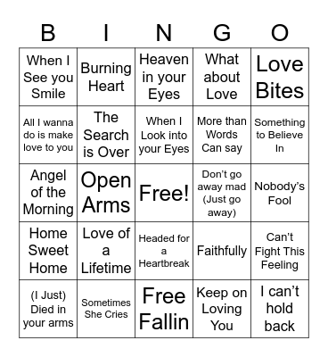 Rock Power Ballads Bingo Card