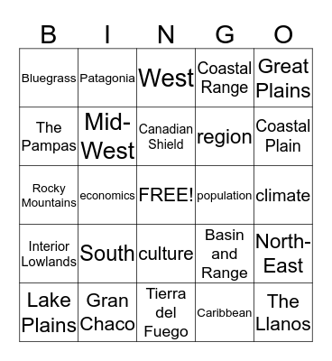 Regions Bingo Card