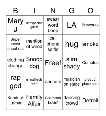 Half time show Bingo Card