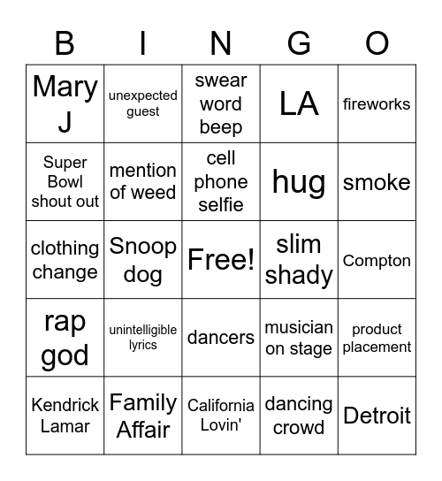 Half time show Bingo Card