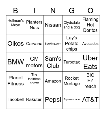 2022 Superbowl Commercial Bingo Card