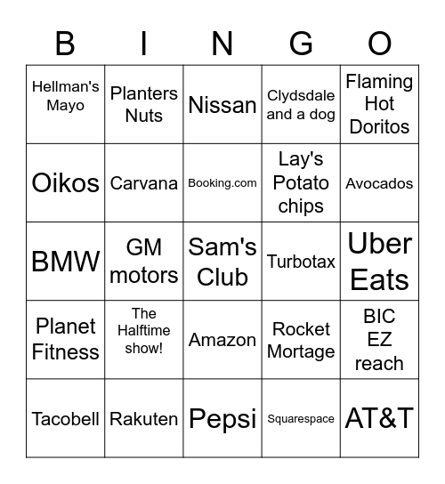 2022 Superbowl Commercial Bingo Card