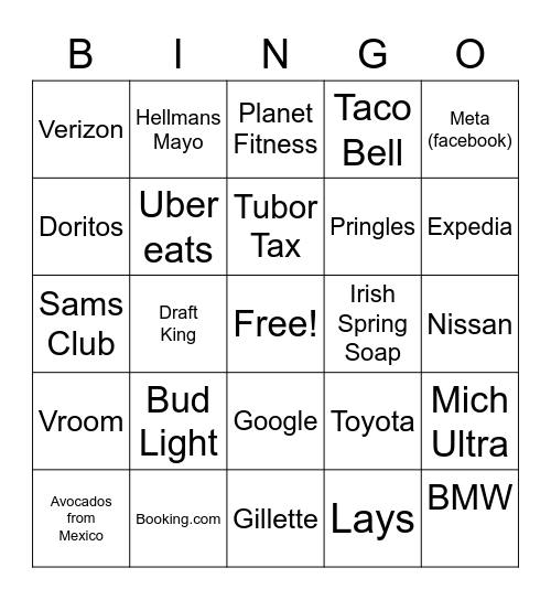 Super Bowl BINGO Card