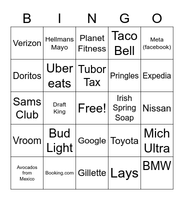 Super Bowl BINGO Card