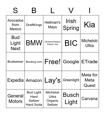 Super Bowl 56 Commercials Bingo Card