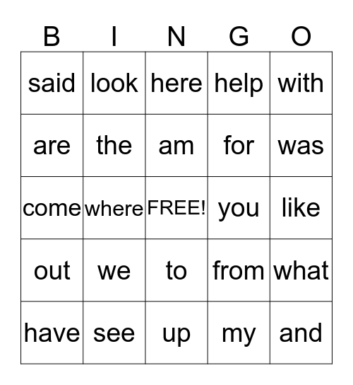 Sight Words Bingo Card