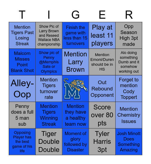 Memphis Tiger Bingo Card