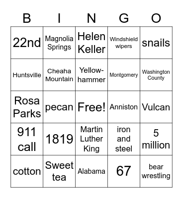 Alabama Fun Facts Bingo Card