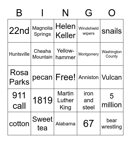 Alabama Fun Facts Bingo Card