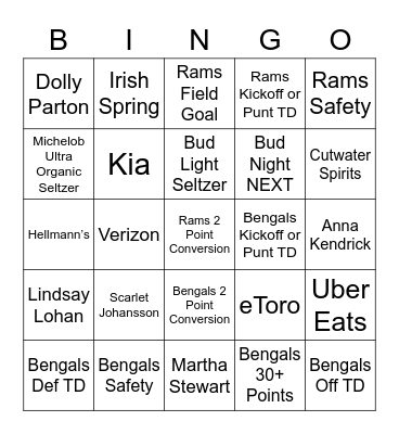 SUPER BOWL LVI BINGO Card