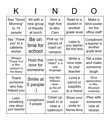 Random Acts of Kindness Card Bingo Card