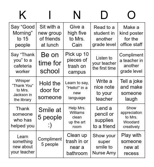 Random Acts of Kindness Card Bingo Card